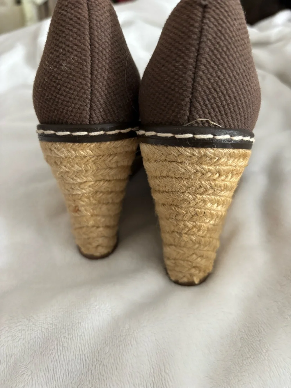 Tory Burch Brown Canvas Peep-Toe Wedge Espadrilles